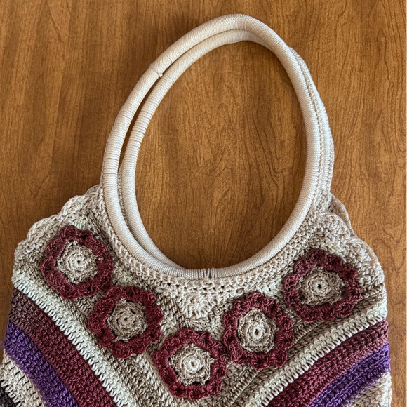 Vintage Crochet Floral Boho Shoulder Bag 70s Style Knit Purse Hippie Tote - Picture 13 of 13